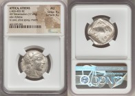 ATTICA. Athens. Ca. 465-455 BC. AR tetradrachm (23mm, 17.20 gm, 7h). NGC AU 4/5 - 4/5. Early transitional issue. Head of Athena right, wearing crested...