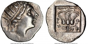 CARIAN ISLANDS. Rhodes. Ca. 88-84 BC. AR drachm (15mm, 11h). NGC Choice AU. 'Plinthophoric' coinage, Menodorus, magistrate. Radiate head of Helios rig...