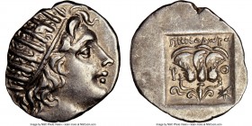 CARIAN ISLANDS. Rhodes. Ca. 88-84 BC. AR drachm (15mm, 12h). NGC AU. 'Plinthophoric' coinage, Menodorus, magistrate. Radiate head of Helios right / MH...