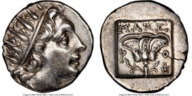 CARIAN ISLANDS. Rhodes. Ca. 88-84 BC. AR drachm (15mm, 11h). NGC Choice XF. Plinthophoric standard, Maes, magistrate. Radiate head of Helios right / M...