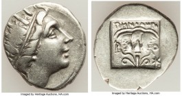 CARIAN ISLANDS. Rhodes. Ca. 88-84 BC. AR drachm (16mm, 2.58 gm, 12h). Choice VF. 'Plinthophoric' coinage, Menodorus, magistrate. Radiate head of Helio...