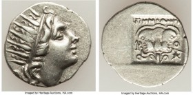 CARIAN ISLANDS. Rhodes. Ca. 88-84 BC. AR drachm (16mm, 2.31 gm, 12h). Choice VF. 'Plinthophoric' coinage, Menodorus, magistrate. Radiate head of Helio...