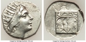 CARIAN ISLANDS. Rhodes. Ca. 88-84 BC. AR drachm (15mm, 2.36 gm, 12h). Choice VF. Plinthophoric standard, Maes, magistrate. Radiate head of Helios righ...