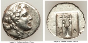 LYCIAN LEAGUE. Masicytes. Ca. 48-20 BC. AR hemidrachm (14mm, 1.97 gm, 1h). AU. Series 1. Laureate head of Apollo right; Λ-Y below / M-A, cithara (lyre...