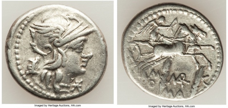 M. Marcius Mn.f. (ca. 134 BC). AR denarius (19mm, 3.87 gm, 4h). VF. Rome. Helmet...