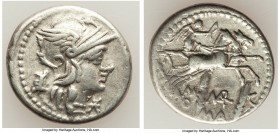 M. Marcius Mn.f. (ca. 134 BC). AR denarius (19mm, 3.87 gm, 4h). VF. Rome. Helmeted head of Roma; modius to left, star below chin / Victory driving gal...
