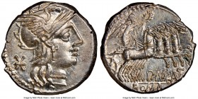 P. Maenius Antiaticus (ca. 132 BC). AR denarius (19mm, 3.91 gm, 1h). NGC Choice MS 4/5 - 5/5. Rome. Head of Roma right, wearing winged helmet surmount...