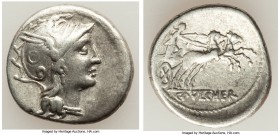 C. Claudius Pulcher (110-109 BC). AR denarius (19mm, 3.92 gm, 4h). Choice VF. Rome. Head of Roma right wearing winged helmet decorated with circular d...