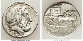 L. Rubrius Dossenus (ca. 87 BC). AR denarius (18mm, 3.94 gm, 9h). About VF. Rome. DOSSEN, laureate head of Jupiter right with scepter over shoulder; d...