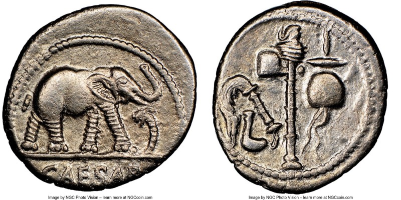 Julius Caesar, as Dictator (49-44 BC). AR denarius (18mm, 3.79 gm, 10h). NGC AU ...