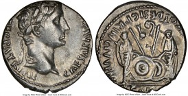 Augustus (27 BC-AD 14). AR denarius (17mm, 3.66 gm, 1h). NGC Choice AU 4/5 - 4/5. Lugdunum, 2 BC-AD 4. CAESAR AVGVSTVS-DIVI F PATER PATRIAE, laureate ...