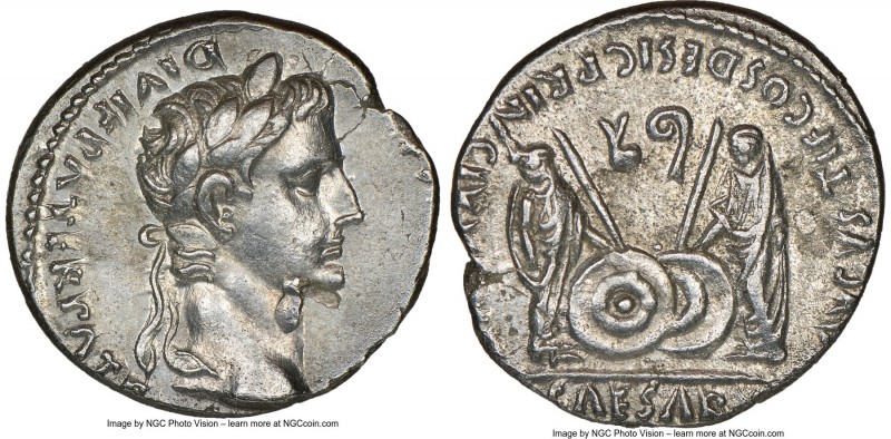 Augustus (27 BC-AD 14). AR denarius (18mm, 1h). NGC Choice XF, flan flaw. Lugdun...