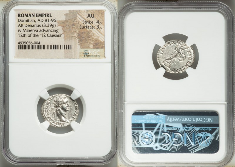 Domitian (AD 81-96). AR denarius (19mm, 3.39 gm, 6h). NGC AU 4/5 - 3/5. Rome, 14...