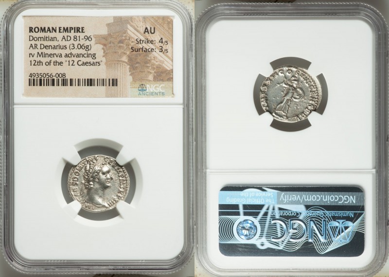 Domitian (AD 81-96). AR denarius (19mm, 3.06 gm, 7h). NGC AU 4/5 - 3/5. Rome, AD...