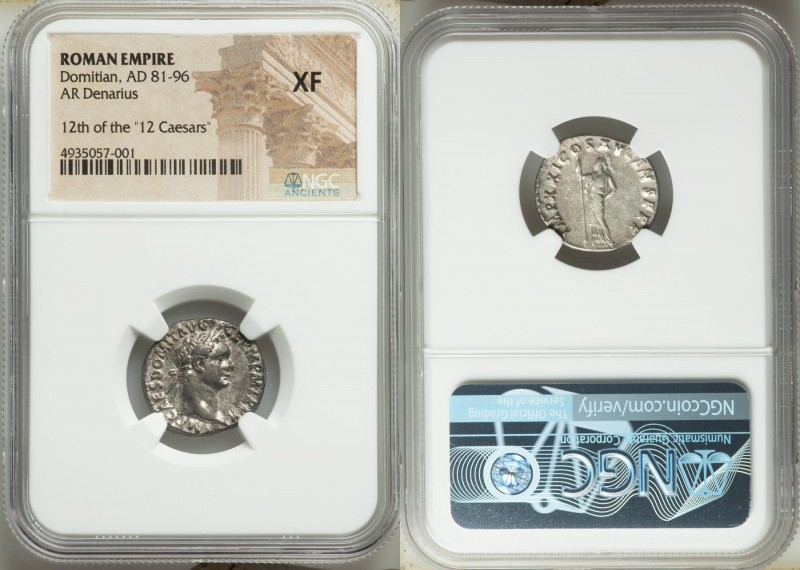 Domitian (AD 81-96). AR denarius (19mm, 6h). NGC XF. Rome, 14 September AD 90-13...