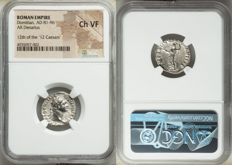 Domitian (AD 81-96). AR denarius (19mm, 6h). NGC Choice VF. Rome, AD 86. IMP CAE...