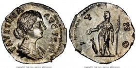 Faustina Junior (AD 147-175/6). AR denarius (18mm, 3.05 gm, 11h). NGC Choice MS 5/5 - 4/5. Rome, AD 161-176. FAVSTINA-AVGVSTA, draped bust of Faustina...