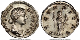 Faustina Junior (AD 147-175/6). AR denarius (19mm, 3.55 gm, 12h). NGC MS 5/5 - 5/5, flan flaw. Rome, AD 161-164. FAVSTINA-AVGVSTA, draped bust of Faus...