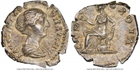 Faustina Junior (AD 147-175/6). AR denarius (18mm, 3.26 gm, 6h). NGC Choice AU 4/5 - 5/5. Rome, AD 154-156. FAVSTINA AVG-PII AVG FIL, draped bust of F...