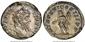 Septimius Severus (AD 193-211). AR denarius (19mm, 12h). NGC AU. Rome, AD 208. SEVERVS-PIVS AVG, laureate head of Septimius Severus right / P M TR P X...
