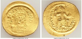 Justin II (AD 565-578). AV solidus (21mm, 4.45 gm, 6h). VF, graffiti Constantinople, 5th officina. D N I-VSTI-NVS PP AVG, cuirassed bust of Justin II ...