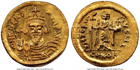 Phocas (AD 602-610). AV solidus (21mm, 4.51 gm, 6h). NGC MS 4/5 - 5/5. Constantinople, 5th officina, AD 607-609. d N FOCAS-PЄRP AVG, crowned, draped a...