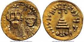 Constans II Pogonatus (AD 641-668) and Constantine IV. AV solidus (20mm, 4.48 gm, 6h). NGC MS 4/5 - 3/5, graffito. Constantinople, 3rd officina. ca. A...