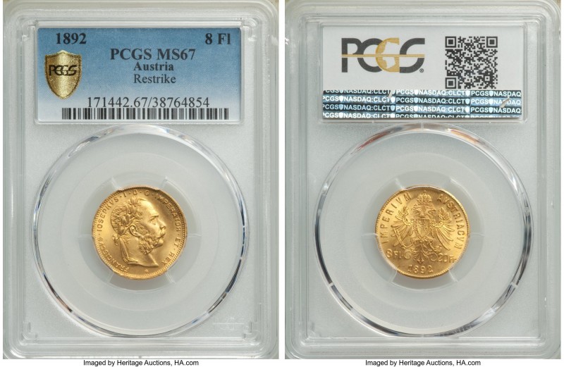 Franz Joseph I gold Restrike 8 Florins (20 Francs) 1892 MS67 PCGS, KM2269. AGW 0...