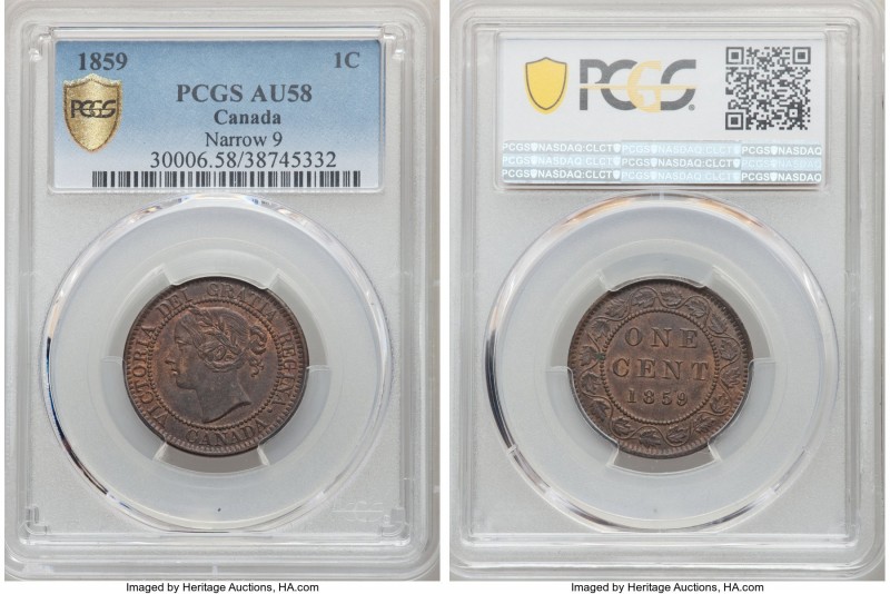 Victoria "Narrow 9" Cent 1859 AU58 PCGS, London mint, KM1. Narrow 9 variety.

...