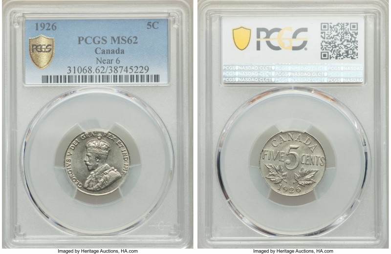 George V "Near 6" 5 Cents 1926 MS62 PCGS, Ottawa mint, KM29. Near 6 variety. 
...