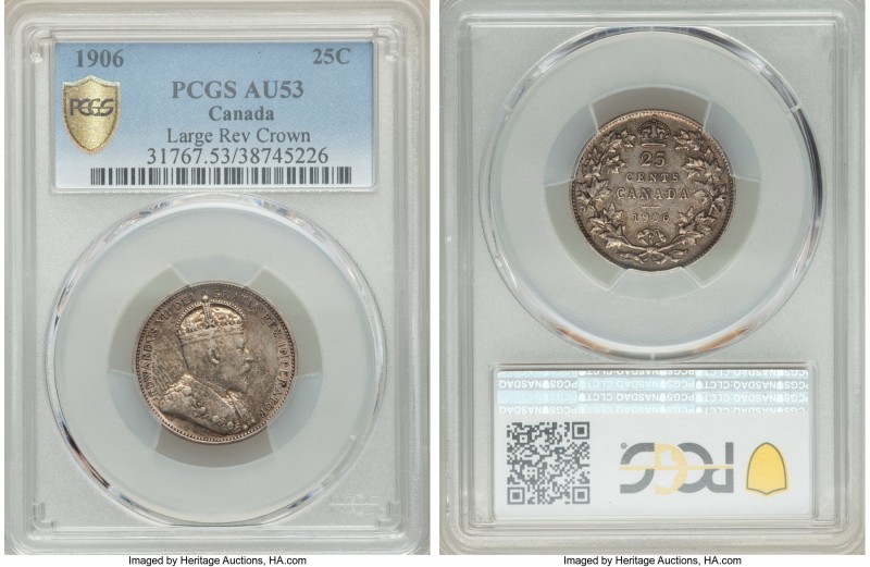 Edward VII "Large Crown" 25 Cents 1906 AU53 PCGS, London mint, KM11. Large Crown...