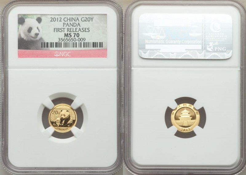 People's Republic gold Panda 20 Yuan (1/20 oz) 2012 MS70 NGC, KM2028. First Rele...