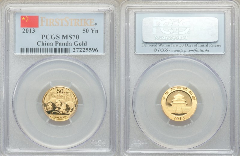 People's Republic gold Panda 50 Yuan (1/10 oz) 2013 MS70 PCGS, KM-Unl. First str...