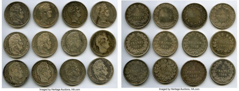 Louis Philippe I 12-Piece Lot of Uncertified 5 Francs, Featuring a variety of mi...