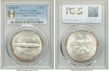 Weimar Republic "Zeppelin" 5 Mark 1930-D MS65 PCGS, Munich mint, KM68, J-343. Lustrous and attractive for the issue, with a contrasting thin layer of ...