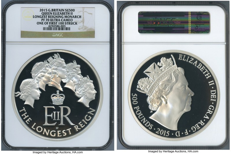 Elizabeth II silver Proof "Longest Reigning Monarch" 500 Pounds (Kilo) 2015 PR70...