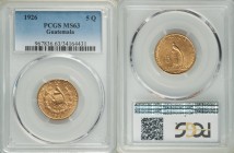 Republic gold 5 Quetzales 1926-(P) MS63 PCGS, Philadelphia mint, KM244. AGW 0.2419 oz. 

HID09801242017

© 2020 Heritage Auctions | All Rights Res...