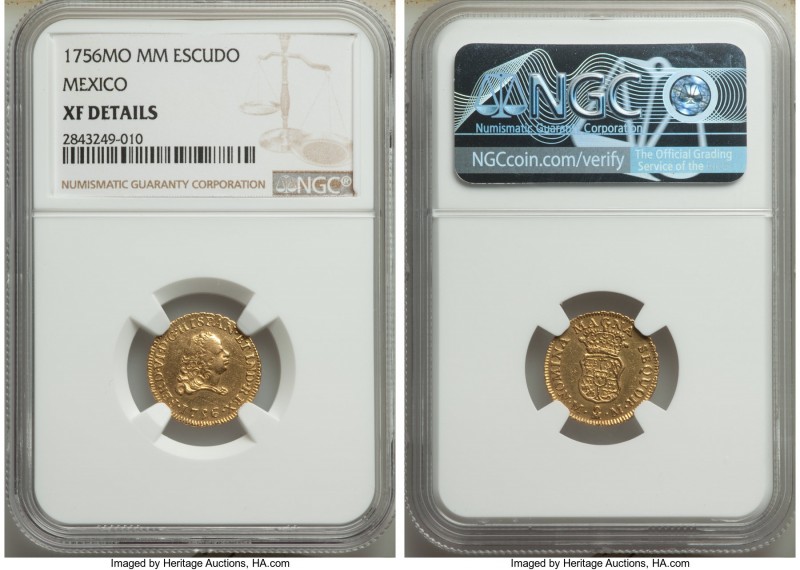 Ferdinand VI gold Escudo 1756 Mo-MM XF Details NGC, Mexico City mint, KM115.2. W...