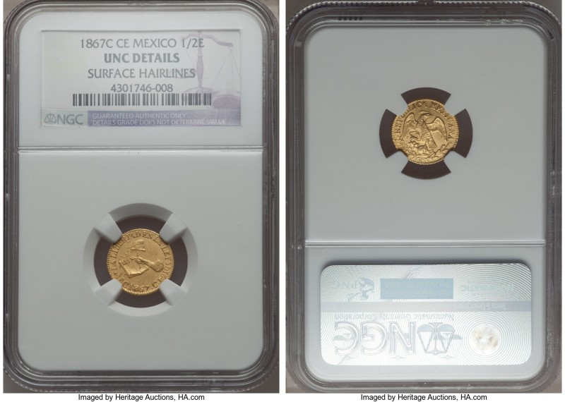 Republic gold 1/2 Escudo 1867 C-CE UNC Details (Surface Hairlines) NGC, Culiacan...