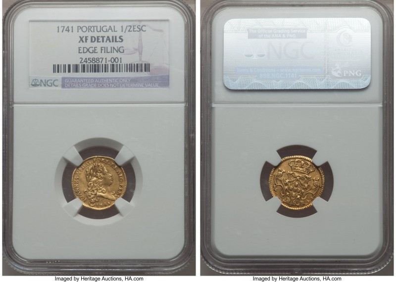 João V gold 1/2 Escudo 1741 XF Details (Edge Filing) NGC, KM218.8. Scarce portra...