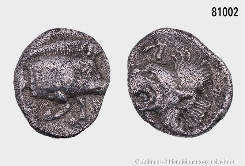 Mysien, Kyzikos, Silber-Hemiobol, ca. 480-450 v. Chr. Vs. Eberprotome nach recht...