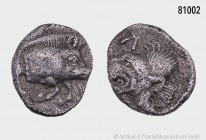 Mysien, Kyzikos, Silber-Hemiobol, ca. 480-450 v. Chr. Vs. Eberprotome nach rechts. Rs. Löwenkopf nach links. 0,40 g; 7 mm. SNG Cop. 49. Sehr schön.