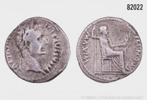 Römische Kaiserzeit, Tiberius (14-37), Denar, sog. "Tribute Penny", Lugdunum. Vs. TI CAESAR DIVI AVG F AVGVSTVS, Porträtkopf mit Lorbeerkranz nach rec...