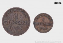 Altdeutschland, Konv. von 2 Kleinmünzen, bestehend aus: Bayern, 1 Pfennig 1863. 1,23 g; 16 mm. AKS 161. Sehr schön. Dazu: Schwarzburg-Rudolstadt, 1 Kr...