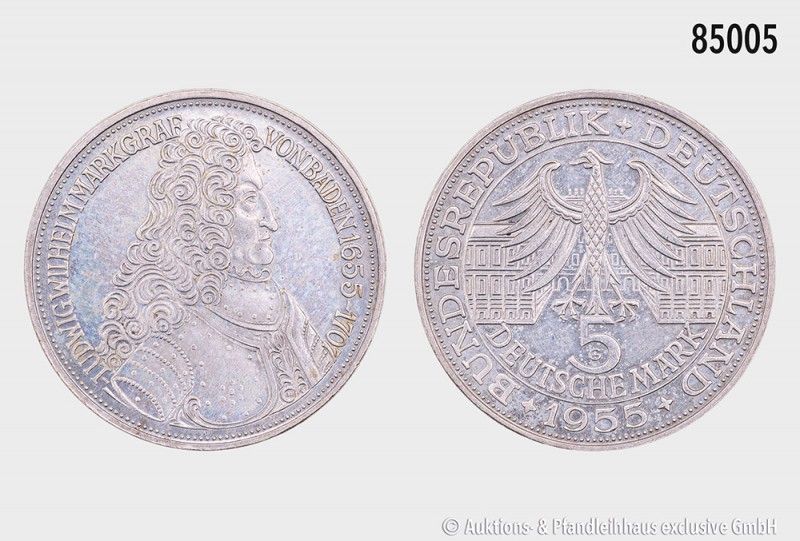 Bundesrepublik Deutschland, 5 DM 1955 G, Markgraf von Baden. 11,25 g; 29 mm. AKS...