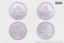 Deutsches Reich (Weimarer Republik), Konv. von 4 Münzen, bestehend aus: 3 Mark 1922 A. 1,99 g; 28 mm. AKS 29. Stempelglanz. Dazu: 3 Ex. Gedenkmünzen 3...