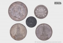 Deutsches Reich (Kaiserreich und Drittes Reich), Konv. von 5 Münzen: Württemberg, Wilhelm II., 3 Mark 1912 F; 1 Mark 1878 A; 5 Reichsmark 1934 A und D...