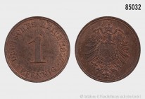 Deutsches Reich, 1 Pfennig 1887 J. 2,00 g; 17 mm. AKS 20. Sehr selten in dieser Erhaltung. Erstabschlag mit feinem Stempelglanz, Prachtexemplar.