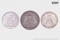 Hamburg, Konv. von drei Silbermünzen: 5 Mark 1899 J, 3 Mark 1908 und 1909 J. Fast sehr schön bis sehr schön, bitte besichtigen.