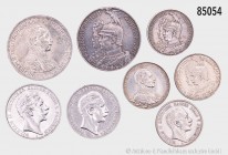 Preußen, Wilhelm II. (1888-1918), Konv. von 8 Silbermünzen, bestehend aus: 2 Mark 1893 A, 3 Mark 1910 A (2 Stück), 2 Mark 1901 A, auf das 200-jährige ...